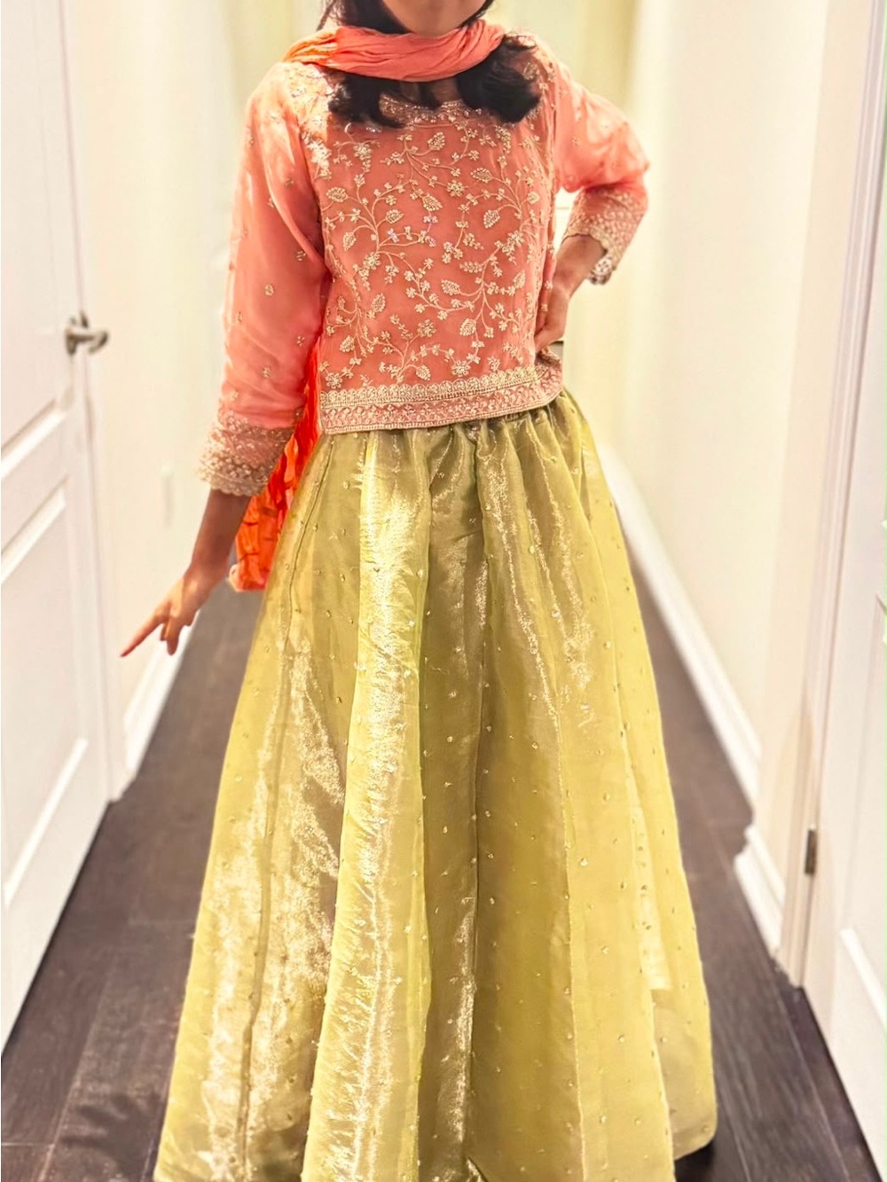 Girls Peach and Gold Embellished Festive Costume